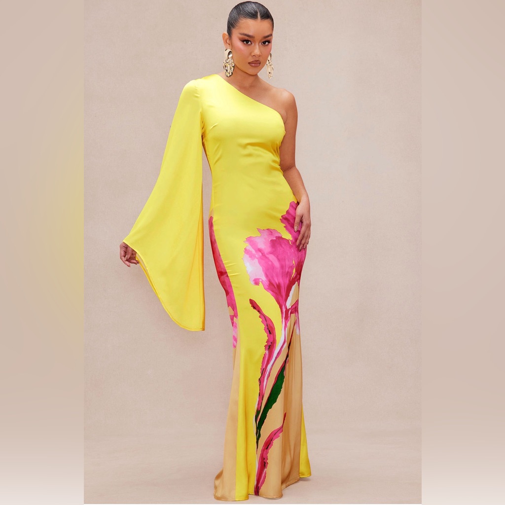 Elegant Yellow And Pink One-Shoulder Dress